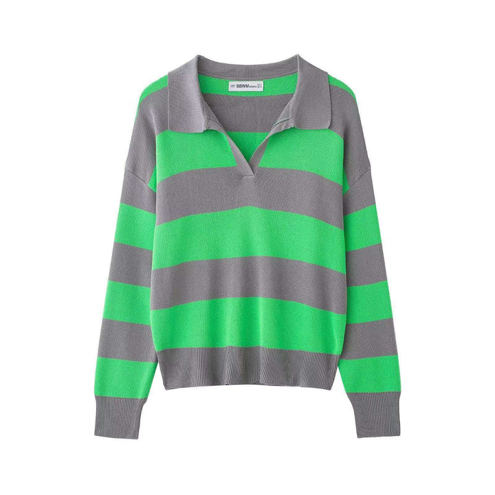 Women's striped rugby pullover with polo collar, V-neck and extended ribbed cuffs Mune Fashion