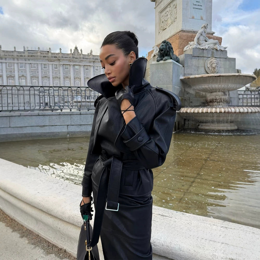 Women's Tailored Leather Jacket with Short Cape Insert, Shoulder Pads and Tie Belt Mune Fashion