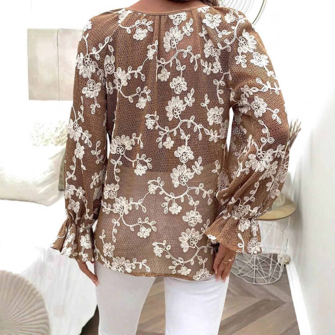 Women's V-Neck Blouse with Floral Embroidery, Pearl Button Placket and Balloon Sleeves Mune Fashion