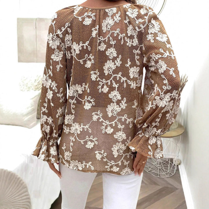 Women's V-Neck Blouse with Floral Embroidery, Pearl Button Placket and Balloon Sleeves Mune Fashion