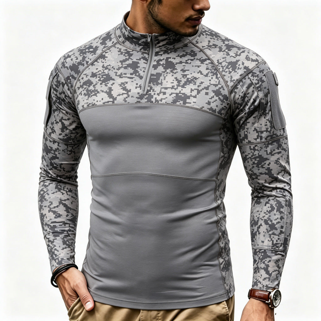 Men's Compression Long Sleeve Top with Half Zip and Tactical Camouflage Design Mune Fashion