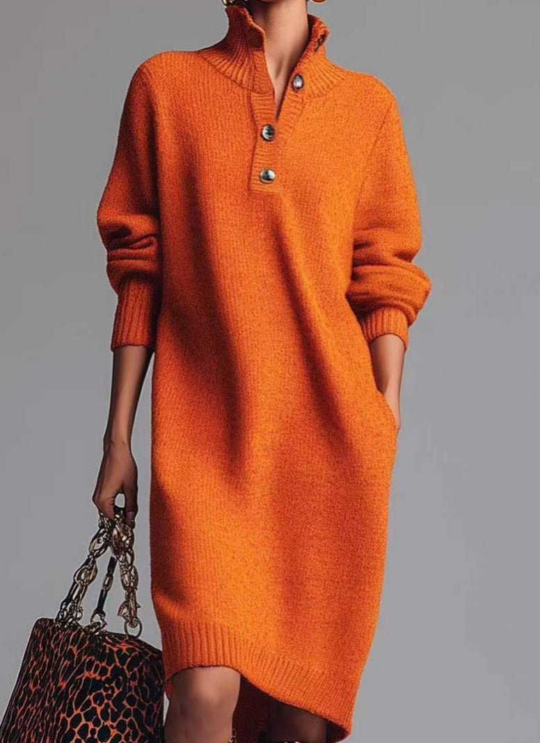Women's knitted sweater dress with polo collar, patch pockets and casual fit Mune Fashion