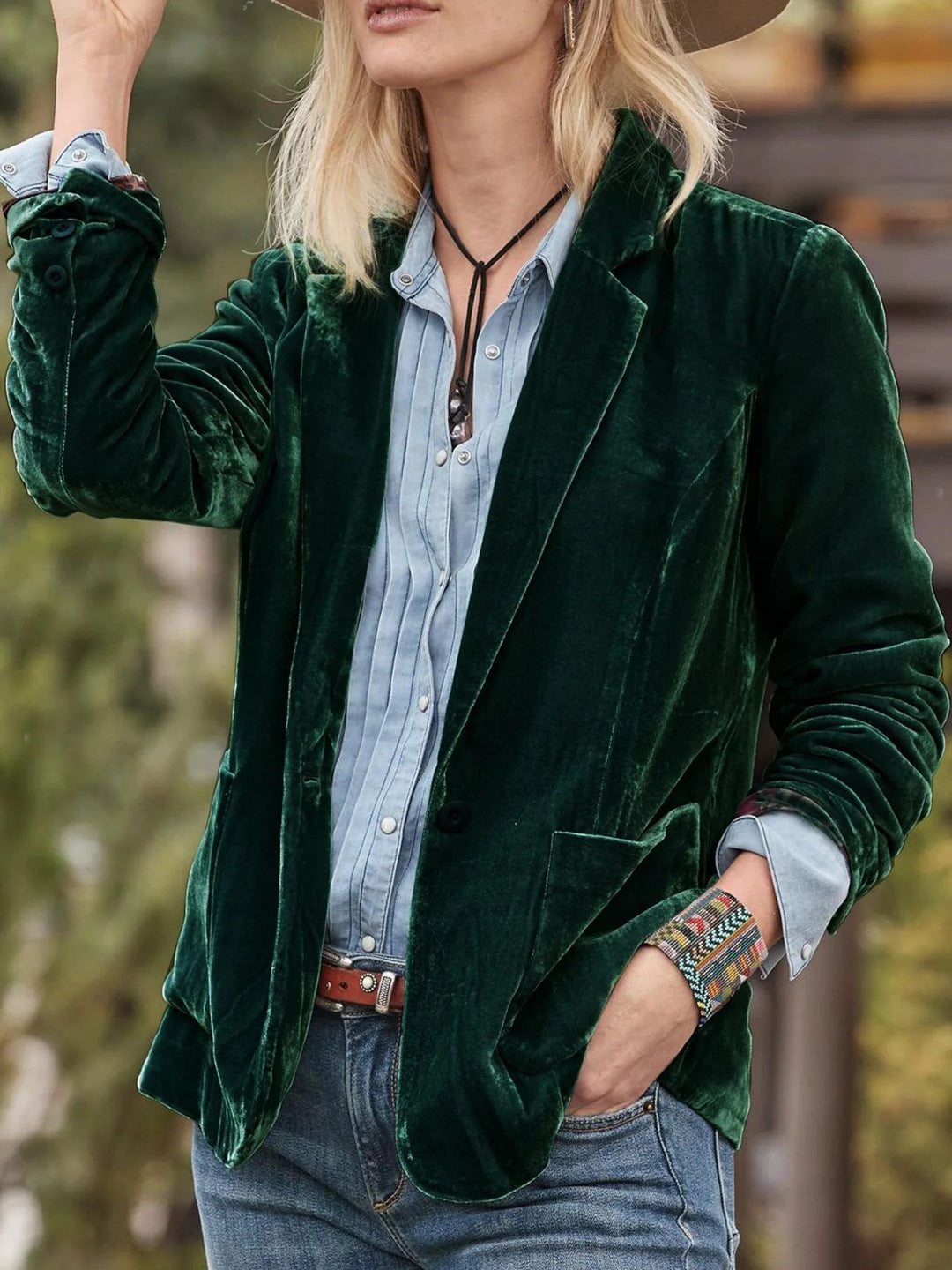 Women's velvet blazer with classic lapels and soft drape