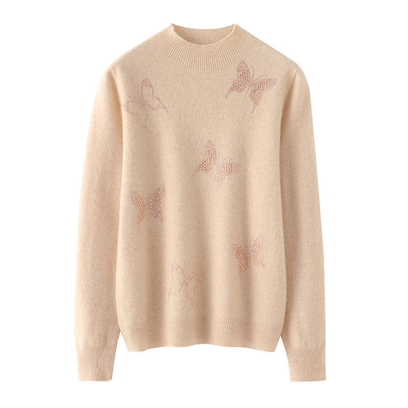Women Stand Collar Fine Knit Sweater with Rhinestone Butterfly Application Mune Fashion