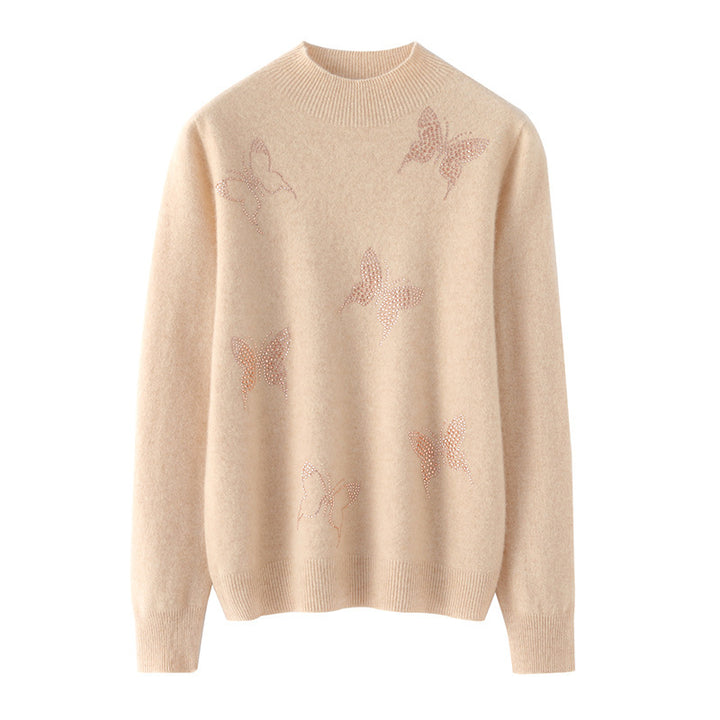 Women Stand Collar Fine Knit Sweater with Rhinestone Butterfly Application Mune Fashion