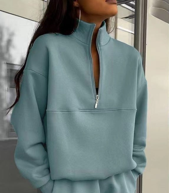 Women's casual stand-up collar half-zip in boxy cut with decorative breast seam Mune Fashion