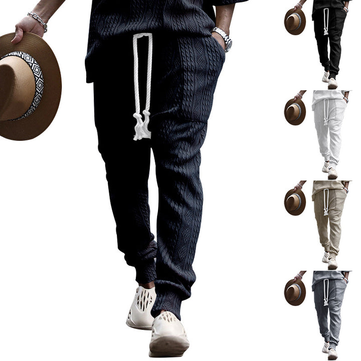 Men's knitted jogging pants with cable pattern, drawstring with cord and ribbed leg cuffs Mune Fashion
