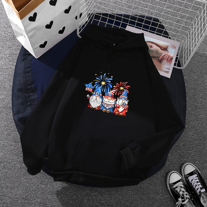 Women's hoodie with patriotic garden gnome print, brushed fleece lining, oversized cut, and kangaroo pocket Mune Fashion