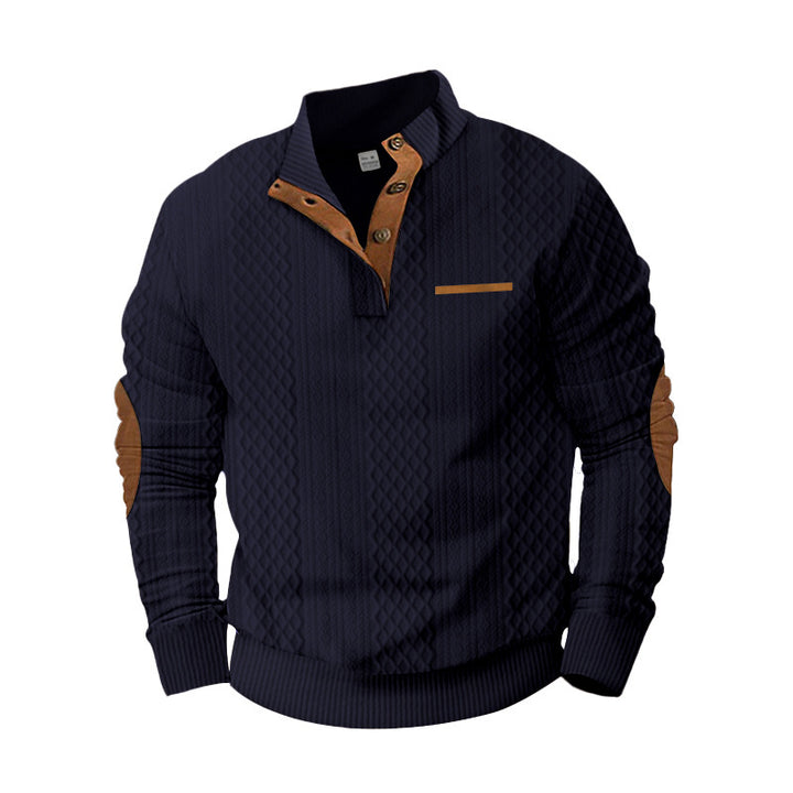 Men's Structured Cable Knit Sweatshirt with Half Button Placket, Faux Leather Patch Pocket & Elbow Patches Mune Fashion