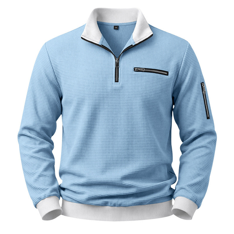 Men's Structured Waffle Sweater with Half-Zip and Zipper Pockets Mune Fashion