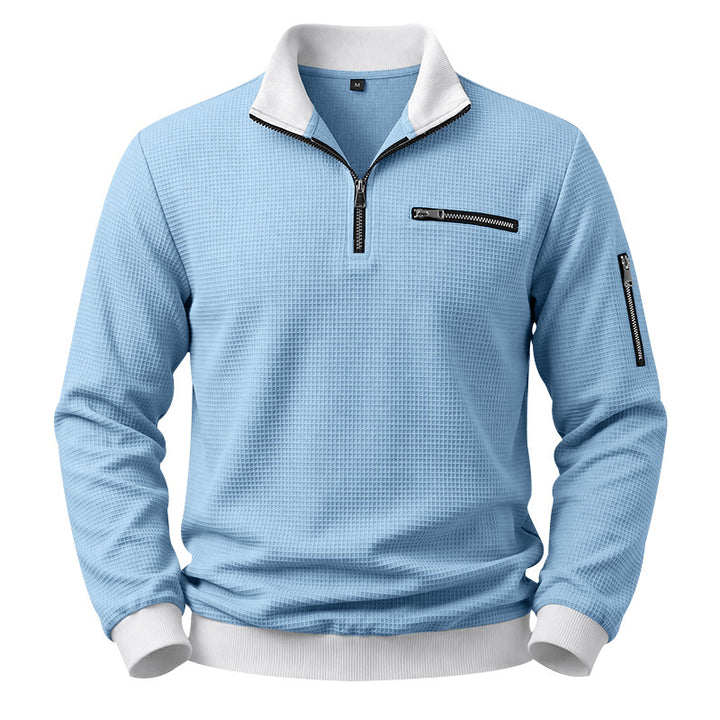 Men's Structured Waffle Sweater with Half-Zip and Zipper Pockets Mune Fashion