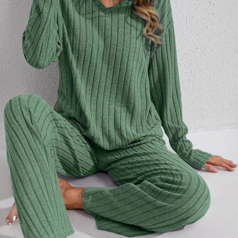 Women Two-Piece Ribbed Lounge Set with V-Neck and Wide Leg Mune Fashion