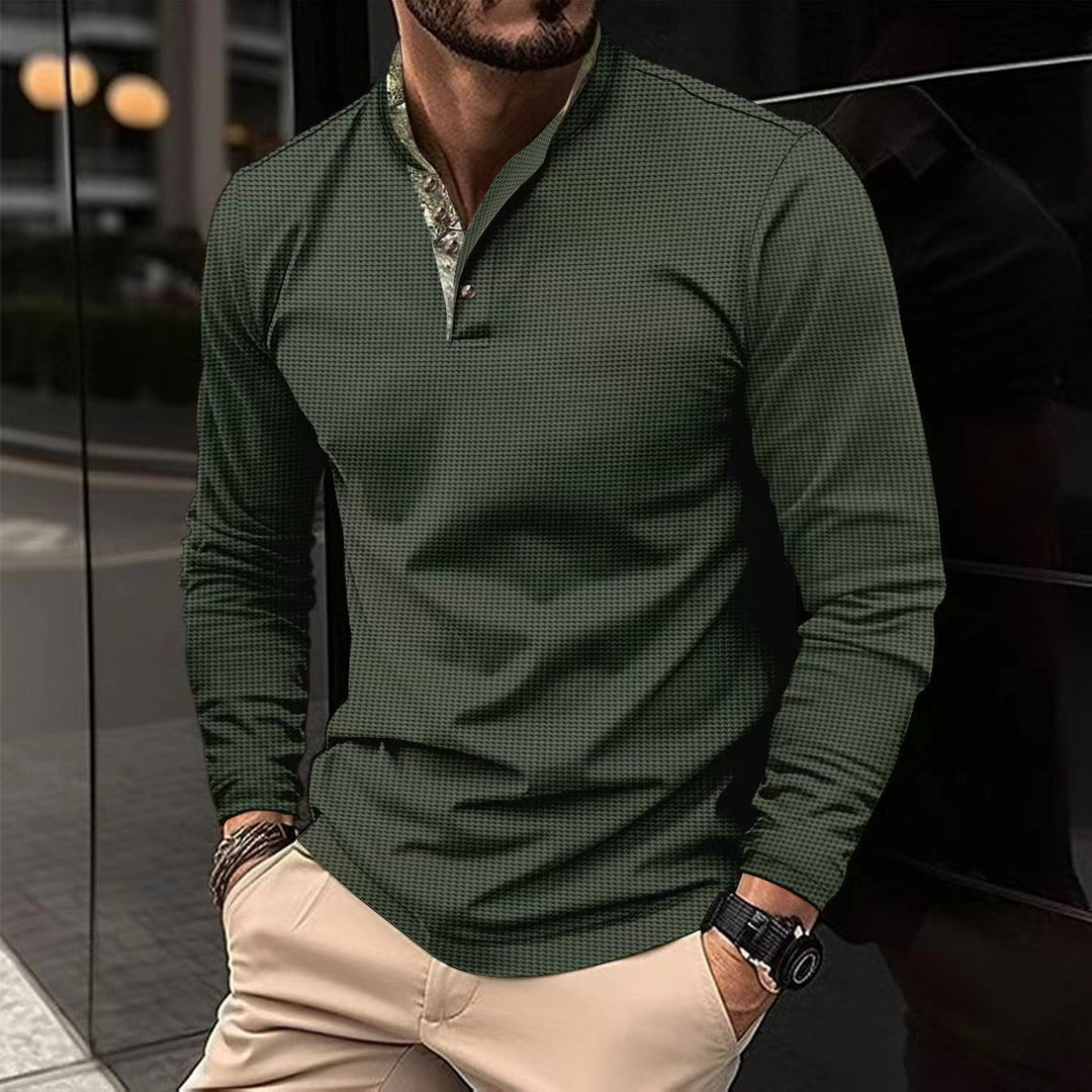 Men's long-sleeved Henley polo shirt with stand-up collar, fine texture, and patterned inner collar Mune Fashion