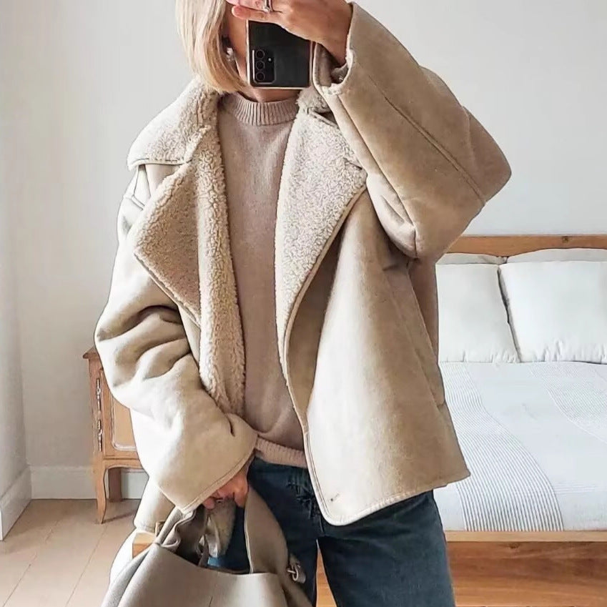 Ladies short jacket in lamb fur look with shawl collar and side patch pockets Mune Fashion