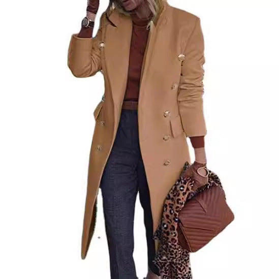 Women's fitted double-breasted wool blend coat with decorative jewel buttons and long silhouette Mune Fashion