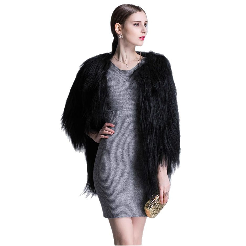 Women Long-Pile Faux Fur Coat with Open Front and Elegant Silhouette Mune Fashion