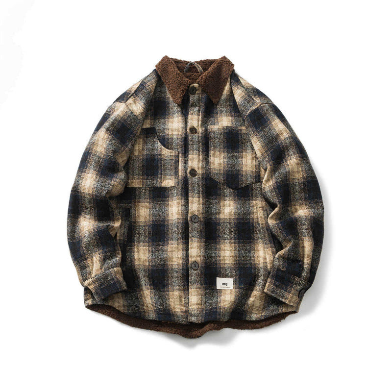 Unisex Checked Overshirt Jacket with Teddy Fleece Lining, Patch Chest Pockets and Shirt Collar Mune Fashion
