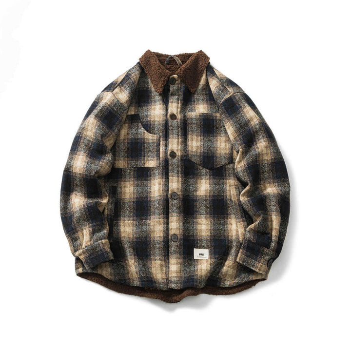 Unisex Checked Overshirt Jacket with Teddy Fleece Lining, Patch Chest Pockets and Shirt Collar Mune Fashion