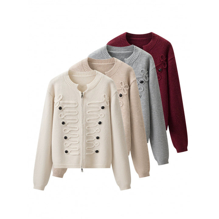 Women's short-cut knitted cardigan with decorative cord applications and two-way zipper Mune Fashion