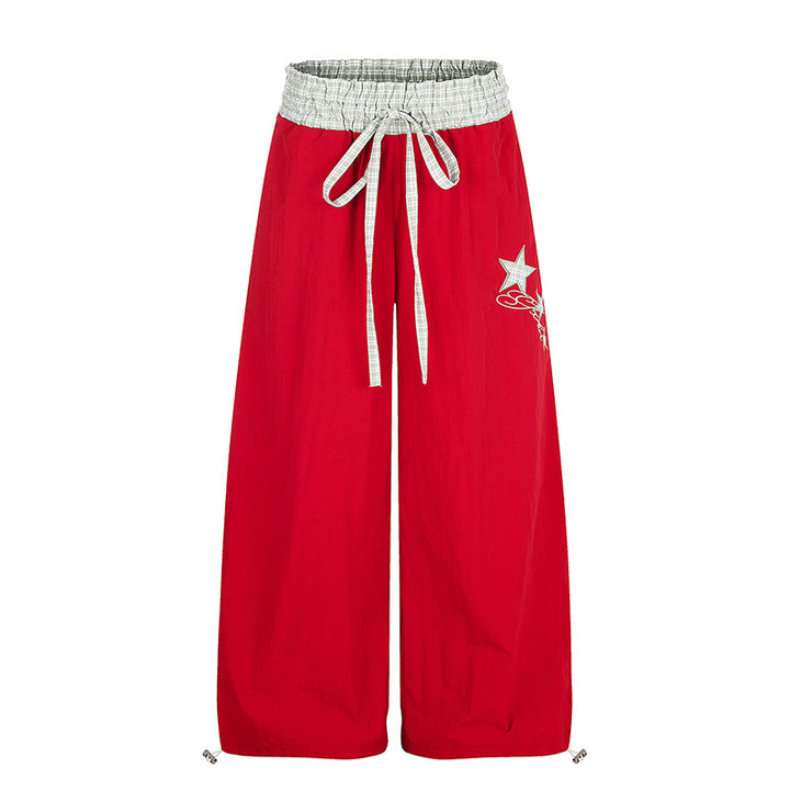 Women's Palazzo Lounge Pants with High Drawstring Waist, Checkered Comfort Waistband and Star Applique Mune Fashion