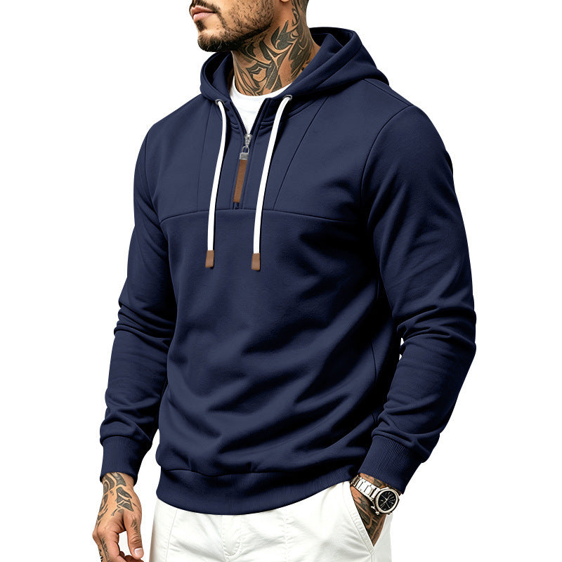 Men's Modern Half-Zip Hoodie made of French Terry with decorative tab and drawstring Mune Fashion