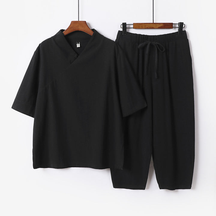 Men's Breathable Linen-Cotton Lounge Set with Asymmetrical V-Neck and Elastic Cord Pants Mune Fashion