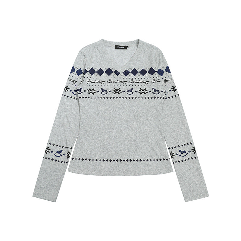 Women's Long Sleeve Shirt with V-Neck and Scandinavian Norwegian Print made of Cotton Blend Mune Fashion