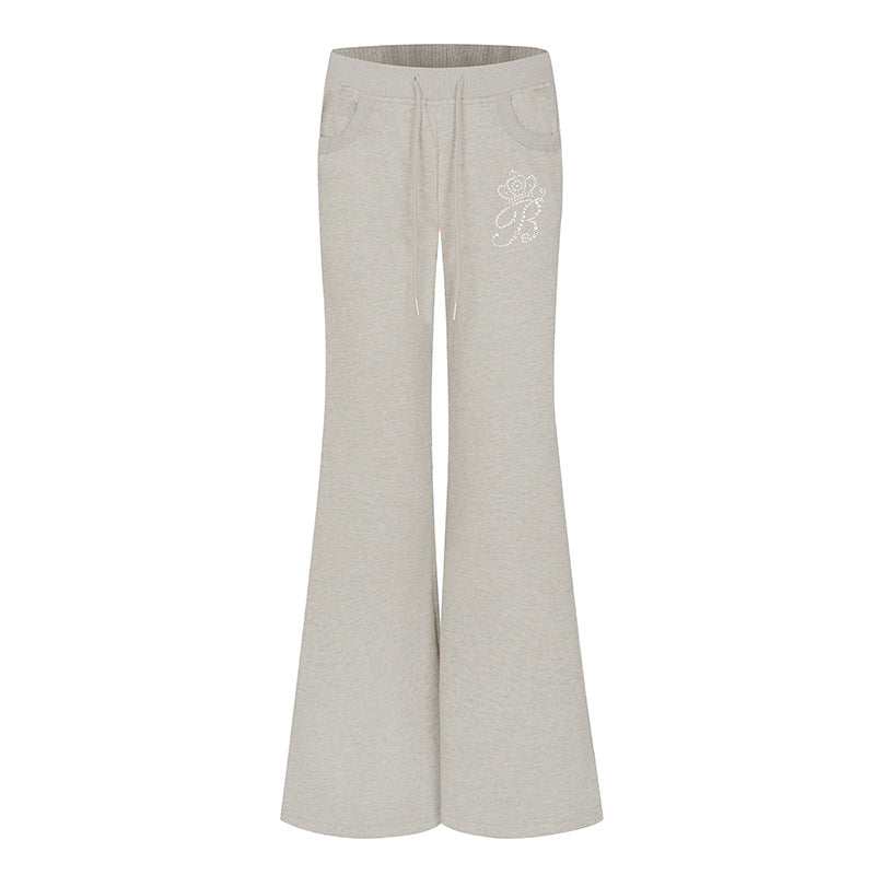 Women Flared Lounge Pants with High Comfort Waistband, Drawstring and Rhinestone Logo Mune Fashion