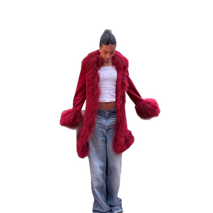 Women Longer Faux Fur Coat with Voluminous Shawl Collar and Decorative Fur Cuffs Mune Fashion