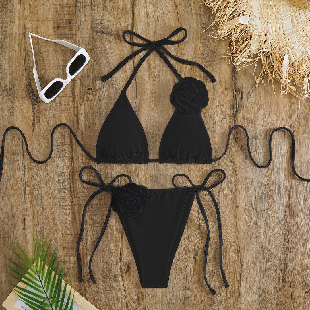 Women adjustable triangle bikini with decorative flower appliqués Mune Fashion