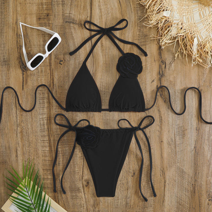 Women adjustable triangle bikini with decorative flower appliqués Mune Fashion
