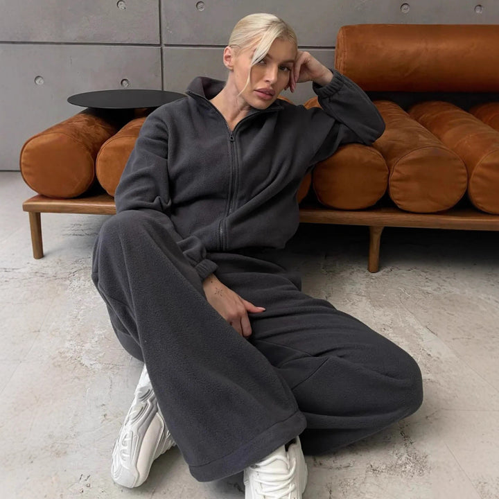 Women Comfortable Fleece Loungewear Set with Short Zip Top and Wide High Waist Pants Mune Fashion