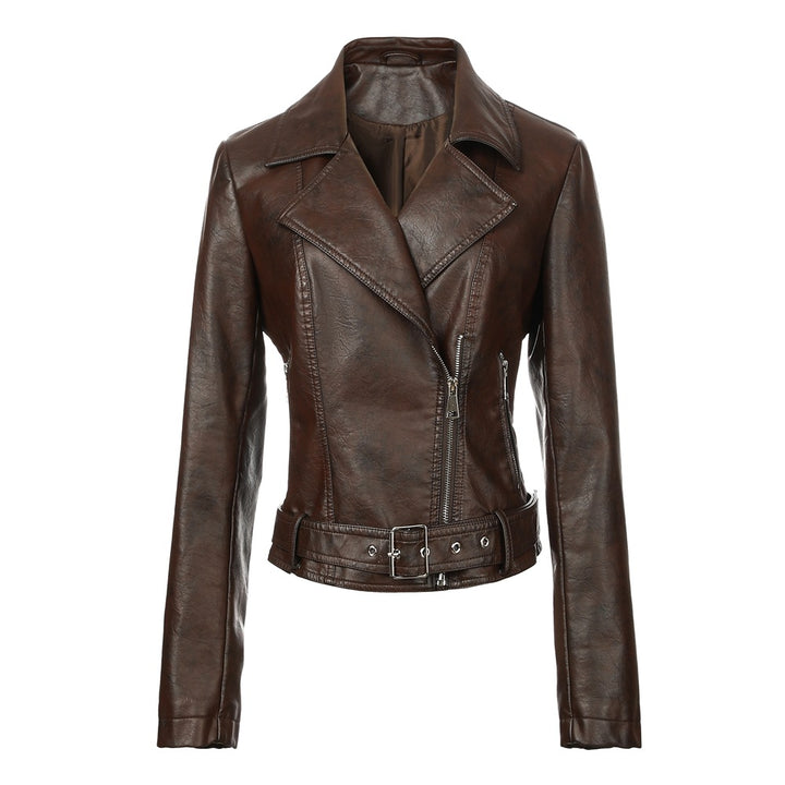 Women's short tailored leather biker jacket with waist belt and asymmetrical zipper Mune Fashion