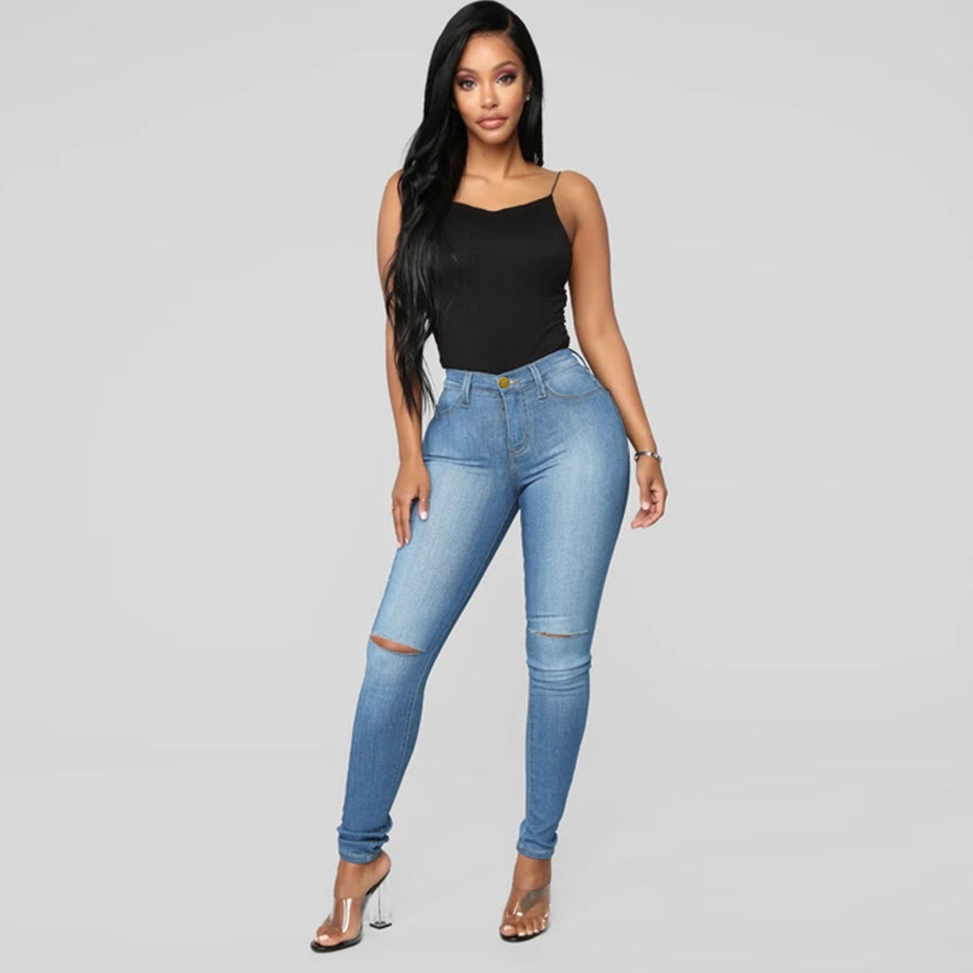 Women's High-Waist Skinny Jeans with Knee Rips and Figure-Flattering Cut Mune Fashion