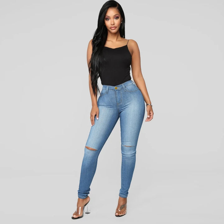Women's High-Waist Skinny Jeans with Knee Rips and Figure-Flattering Cut Mune Fashion