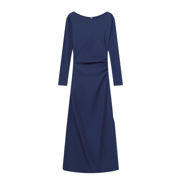 Women's fitted midi dress with bateau neckline, long sleeves, and side gathering Mune Fashion