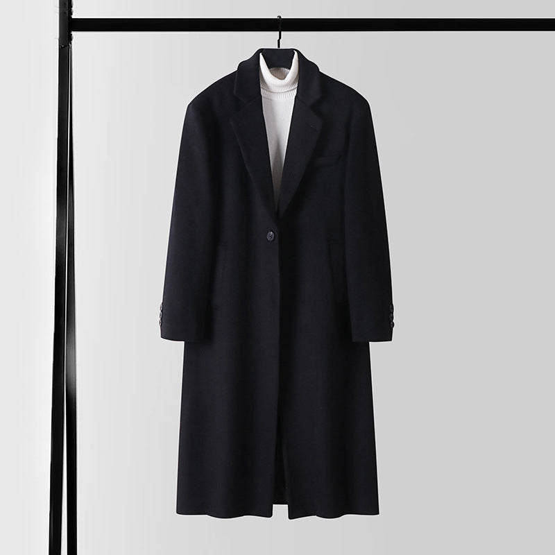 Men's Tailored Wool Blend Long Coat with Shawl Collar and One Button Closure Mune Fashion