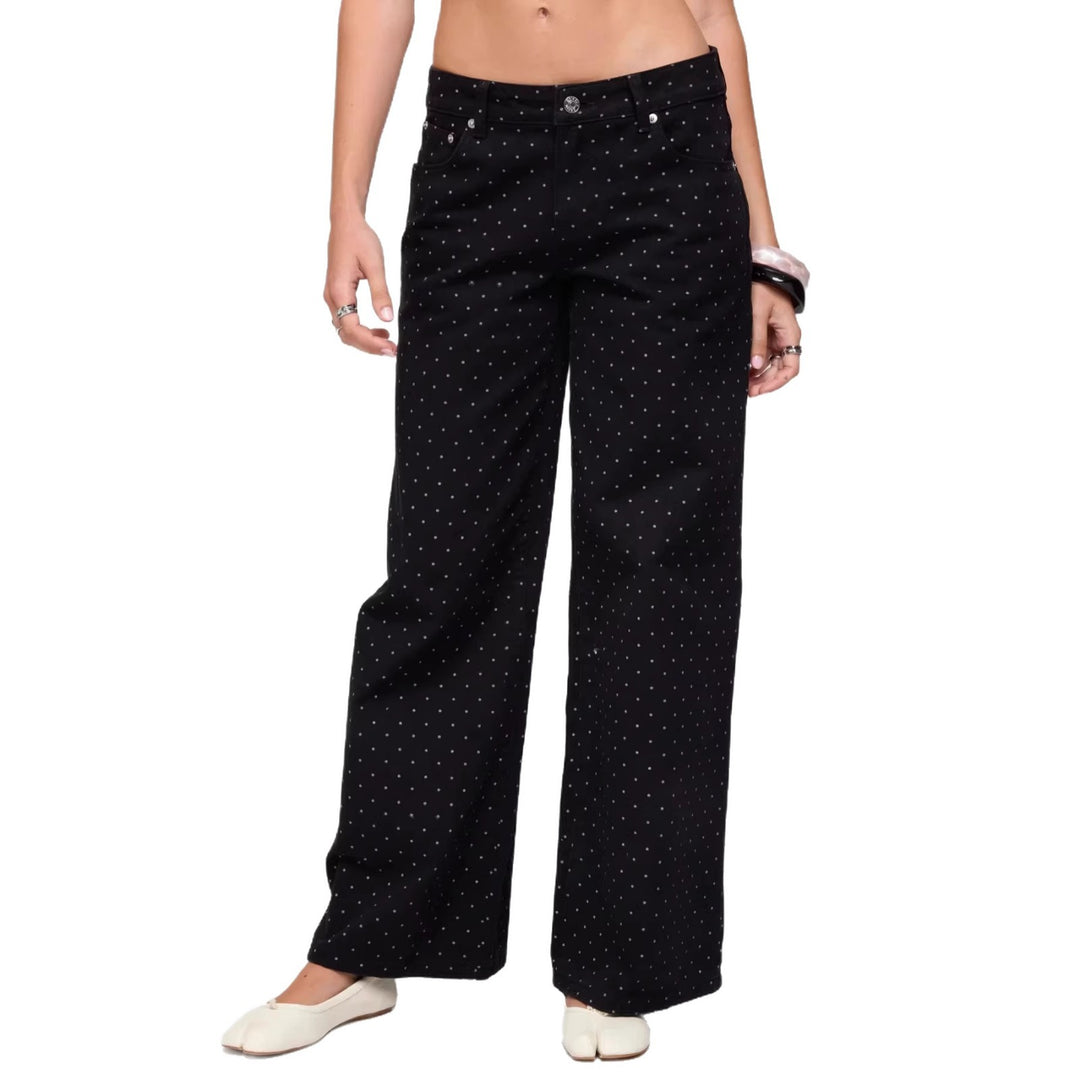 Women's high-waisted wide denim pants with continuous dot pattern and classic pocket design Mune Fashion