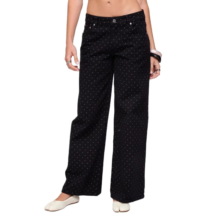 Women's high-waisted wide denim pants with continuous dot pattern and classic pocket design Mune Fashion