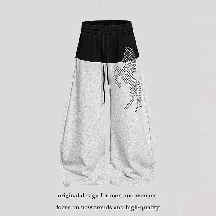 Ladies wide palazzo jogger pants with high elastic waistband, contrasting waistband area and pixelated horse motif Mune Fashion