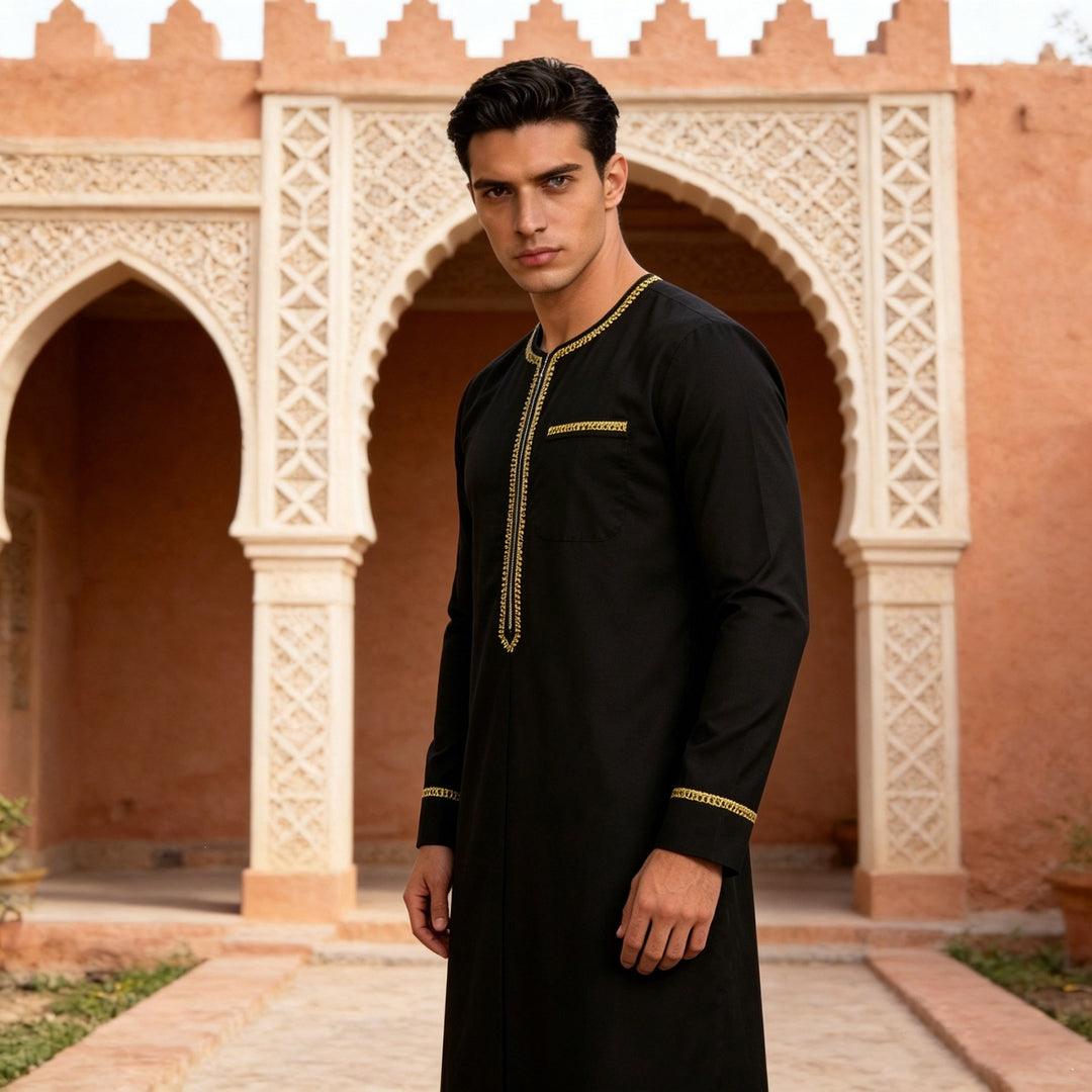 Men's Elegant Long Tunic with Round Neckline, Front Zipper and Golden Decorative Embroidery Mune Fashion