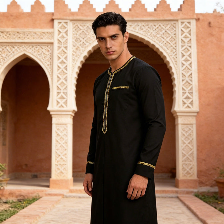 Men's Elegant Long Tunic with Round Neckline, Front Zipper and Golden Decorative Embroidery Mune Fashion