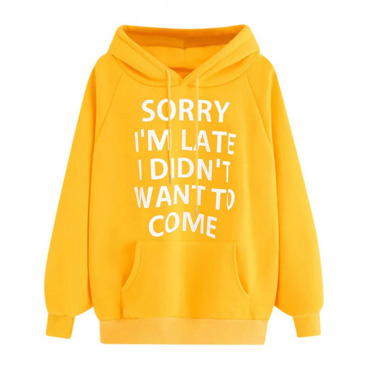 Women Loose Hoodie with Statement Print, Kangaroo Pocket and Raglan Sleeves Mune Fashion