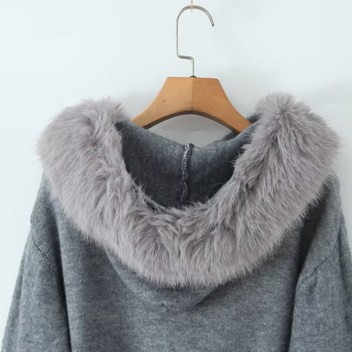 Women Short-Cut Knit Jacket with Zipper and Removable Faux Fur Collar Mune Fashion