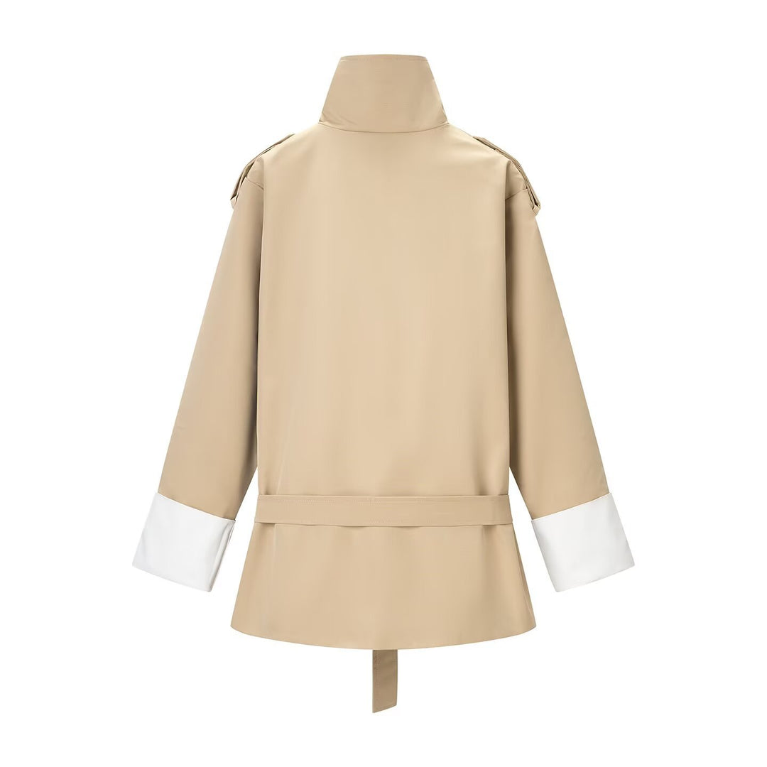 Women Short Trench with High Stand Collar, Epaulettes, and Shaping Belt Mune Fashion