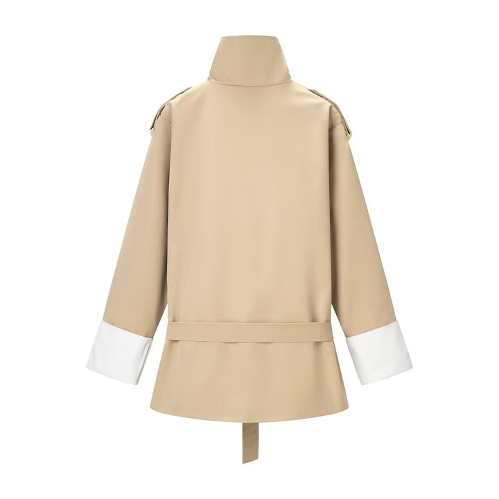 Women Short Trench with High Stand Collar, Epaulettes, and Shaping Belt Mune Fashion
