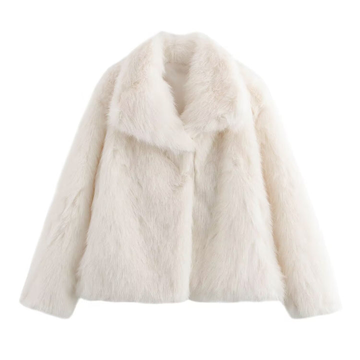 Women short cut boxy faux fur coat with shawl collar Mune Fashion