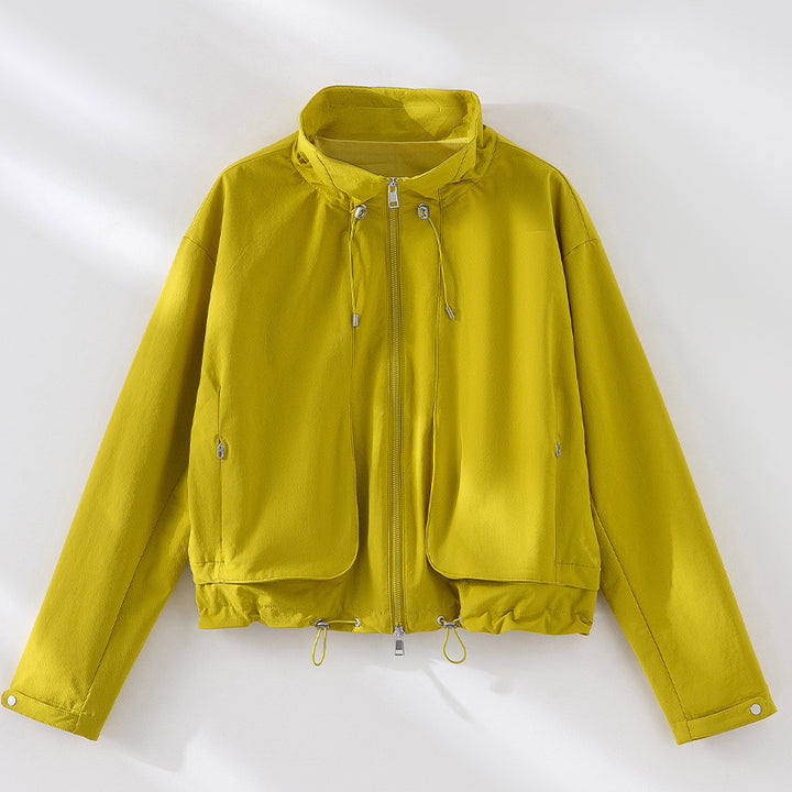 Women's Lightweight Short Jacket with High Collar, Drawstring and Patch Pockets Mune Fashion
