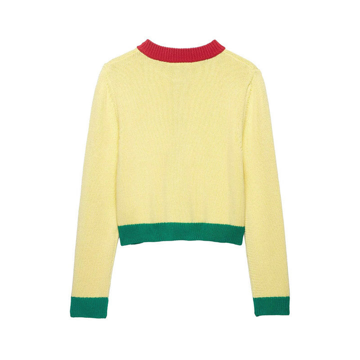 Women Short Chunky Knit Cardigan with Contrast Trims and Decorative Flap Pockets Mune Fashion
