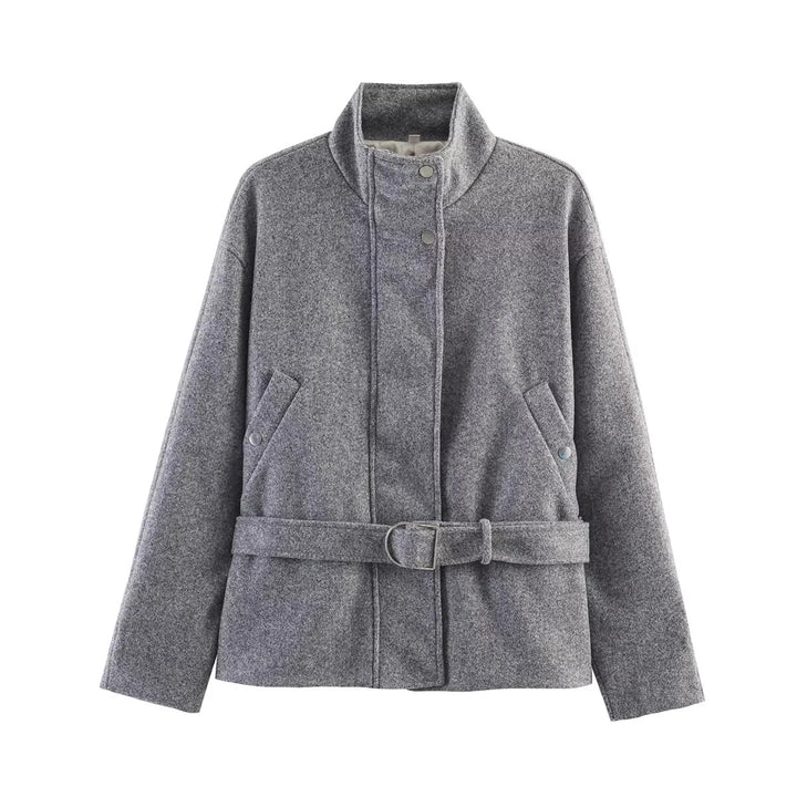 Women's tailored short jacket in wool blend with stand-up collar, snap button placket, and tie belt Mune Fashion